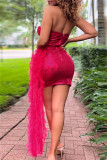 Red Sexy Formal Patchwork Hollowed Out Sequins Backless Strapless Evening Dress