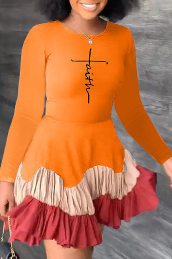 Orange Fashion Print Flounce O Neck Cake Skirt Dresses