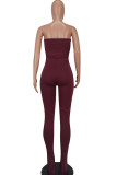 Coffee Sexy Solid Patchwork Strapless Skinny Jumpsuits