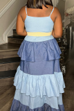 Sky Blue Fashion Patchwork Flounce Spaghetti Strap Cake Skirt Dresses