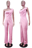 Pink Fashion Solid Patchwork Off the Shoulder Boot Cut Jumpsuits