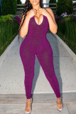 Blue Sexy Casual Solid Backless Halter Skinny Jumpsuits