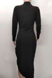 Black Sexy Solid Patchwork Fold Asymmetrical O Neck One Step Skirt Dresses