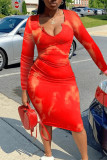 Red Fashion Casual Print Tie-dye U Neck Long Sleeve Dresses