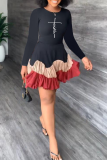 Blue Fashion Print Flounce O Neck Cake Skirt Dresses
