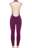 Blue Sexy Casual Solid Backless Halter Skinny Jumpsuits