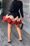 Blue Fashion Print Flounce O Neck Cake Skirt Dresses