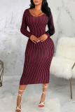 Red Sexy Striped Print Patchwork O Neck One Step Skirt Dresses