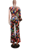Tangerine Red Fashion Print Patchwork One Shoulder Straight Jumpsuits