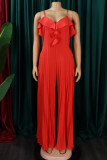 Red Sexy Solid Patchwork Flounce Fold Spaghetti Strap Straight Jumpsuits