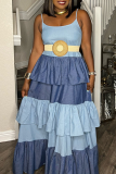 Sky Blue Fashion Patchwork Flounce Spaghetti Strap Cake Skirt Dresses
