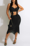Green Sexy Solid Tassel Hollowed Out Spaghetti Strap Sleeveless Two Pieces