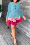 Blue Fashion Print Flounce O Neck Cake Skirt Dresses
