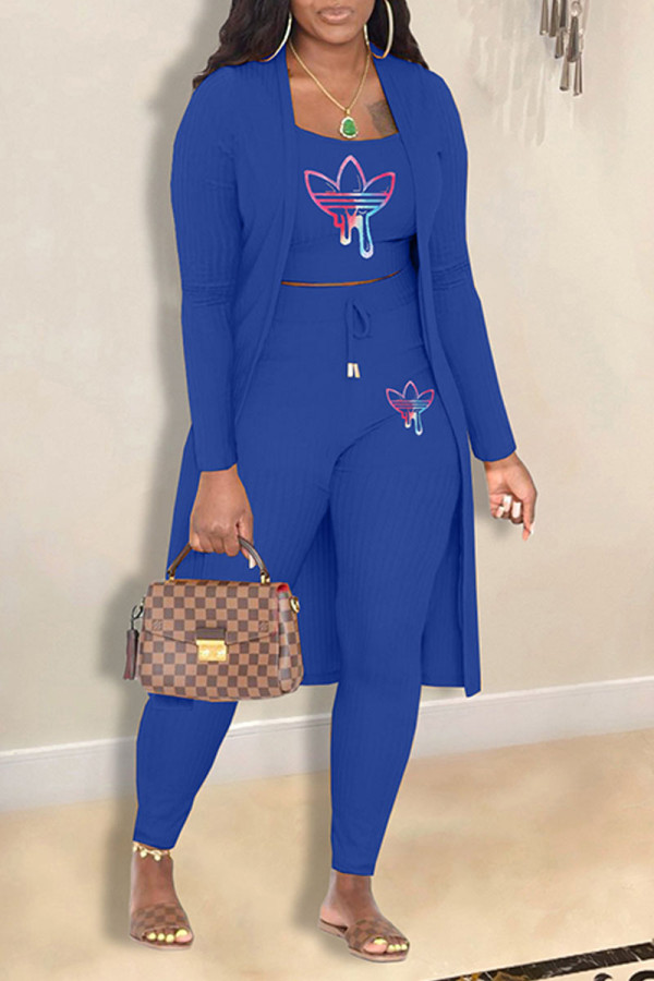 Blue Casual Print Patchwork Spaghetti Strap Long Sleeve Three Pieces