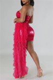Red Sexy Formal Patchwork Hollowed Out Sequins Backless Strapless Evening Dress