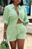Green Fashion Casual Striped Patchwork Turndown Collar Long Sleeve Two Pieces