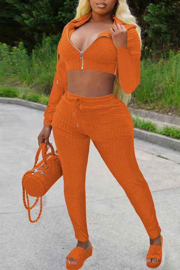 Tangerine Red Casual Solid Patchwork Zipper Hooded Collar Long Sleeve Two Pieces