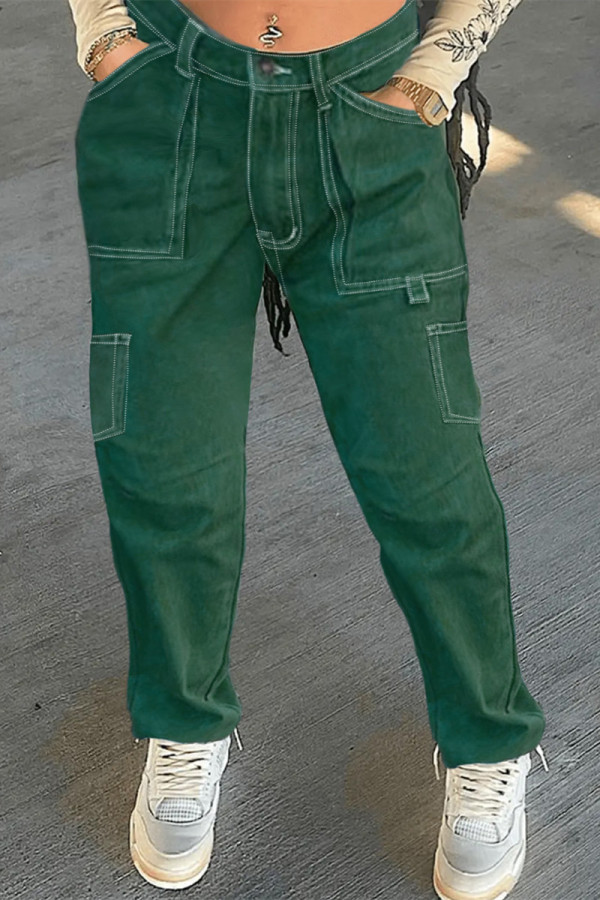 Green Fashion Casual Solid Patchwork Regular High Waist Straight Trousers