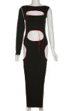 Black Sexy Solid Hollowed Out O Neck Pencil Skirt Dresses