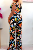 Tangerine Red Fashion Print Patchwork One Shoulder Straight Jumpsuits