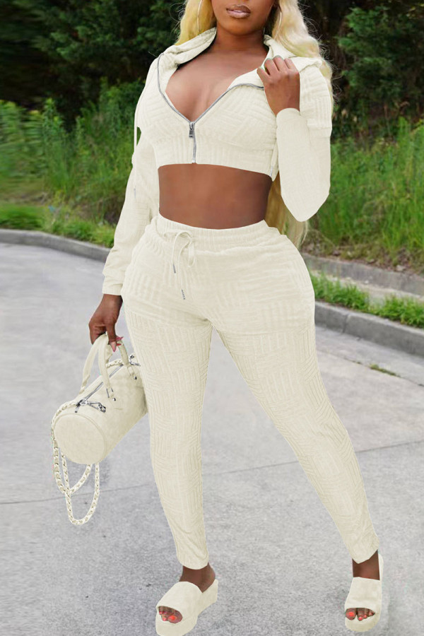 Cream White Casual Solid Patchwork Zipper Hooded Collar Long Sleeve Two Pieces