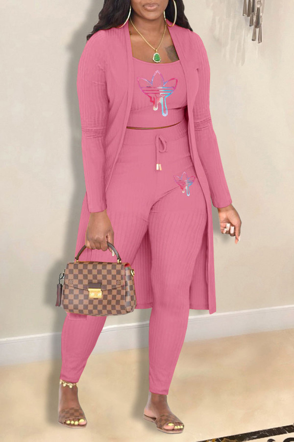 Pink Casual Print Patchwork Spaghetti Strap Long Sleeve Three Pieces