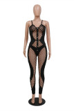 Black Sexy Solid Hollowed Out See-through Backless Spaghetti Strap Skinny Jumpsuits (With Panties)