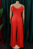 Red Sexy Solid Patchwork Flounce Fold Spaghetti Strap Straight Jumpsuits