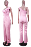 Pink Fashion Solid Patchwork Off the Shoulder Boot Cut Jumpsuits
