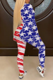 Blue Red Sexy Street Print Patchwork Zipper Skinny Jumpsuits