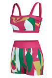 Rose Red Fashion Sexy Print Backless Spaghetti Strap Sleeveless Two Pieces