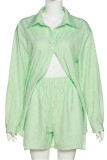 Green Fashion Casual Striped Patchwork Turndown Collar Long Sleeve Two Pieces