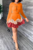 Blue Fashion Print Flounce O Neck Cake Skirt Dresses