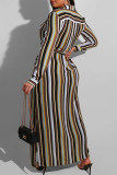 Coffee Fashion Casual Striped Print With Belt Turndown Collar Long Sleeve Plus Size Dresses