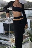Black Sexy Solid Hollowed Out Square Collar Long Sleeve Two Pieces