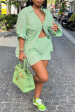 Green Fashion Casual Striped Patchwork Turndown Collar Long Sleeve Two Pieces