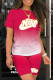 Rose Red Fashion Casual Gradual Change Print Letter O Neck Short Sleeve Two Pieces