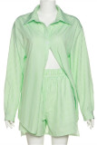 Green Fashion Casual Striped Patchwork Turndown Collar Long Sleeve Two Pieces