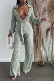 Green Casual Solid Bandage Turndown Collar Straight Jumpsuits