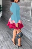 Blue Fashion Print Flounce O Neck Cake Skirt Dresses
