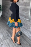 Blue Fashion Print Flounce O Neck Cake Skirt Dresses