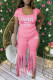 Pink Casual Print Tassel Patchwork U Neck Short Sleeve Two Pieces