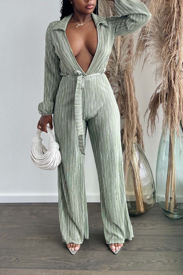 Green Casual Solid Bandage Turndown Collar Straight Jumpsuits