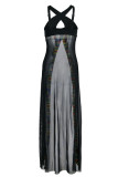 Black Sexy Print Patchwork Slit Swimwears Cover Up