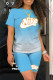 Light Blue Fashion Casual Gradual Change Print Letter O Neck Short Sleeve Two Pieces