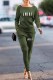 Army Green Fashion Casual Print Letter Boat Neck Long Sleeve Two Pieces