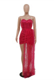 Red Sexy Formal Patchwork Hollowed Out Sequins Backless Strapless Evening Dress
