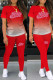 Red Fashion Casual Gradual Change Print Letter O Neck Short Sleeve Two Pieces