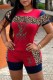 Red Fashion Casual Patchwork Leopard Letter O Neck Short Sleeve Two Pieces
