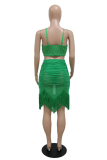 Green Sexy Solid Tassel Hollowed Out Spaghetti Strap Sleeveless Two Pieces